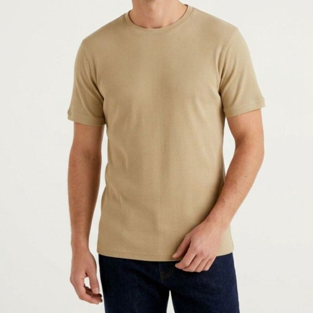 Perry Ellis Portfolio Men's Large Beige Ribbed Knit T Shirt 100% Cotton Tan